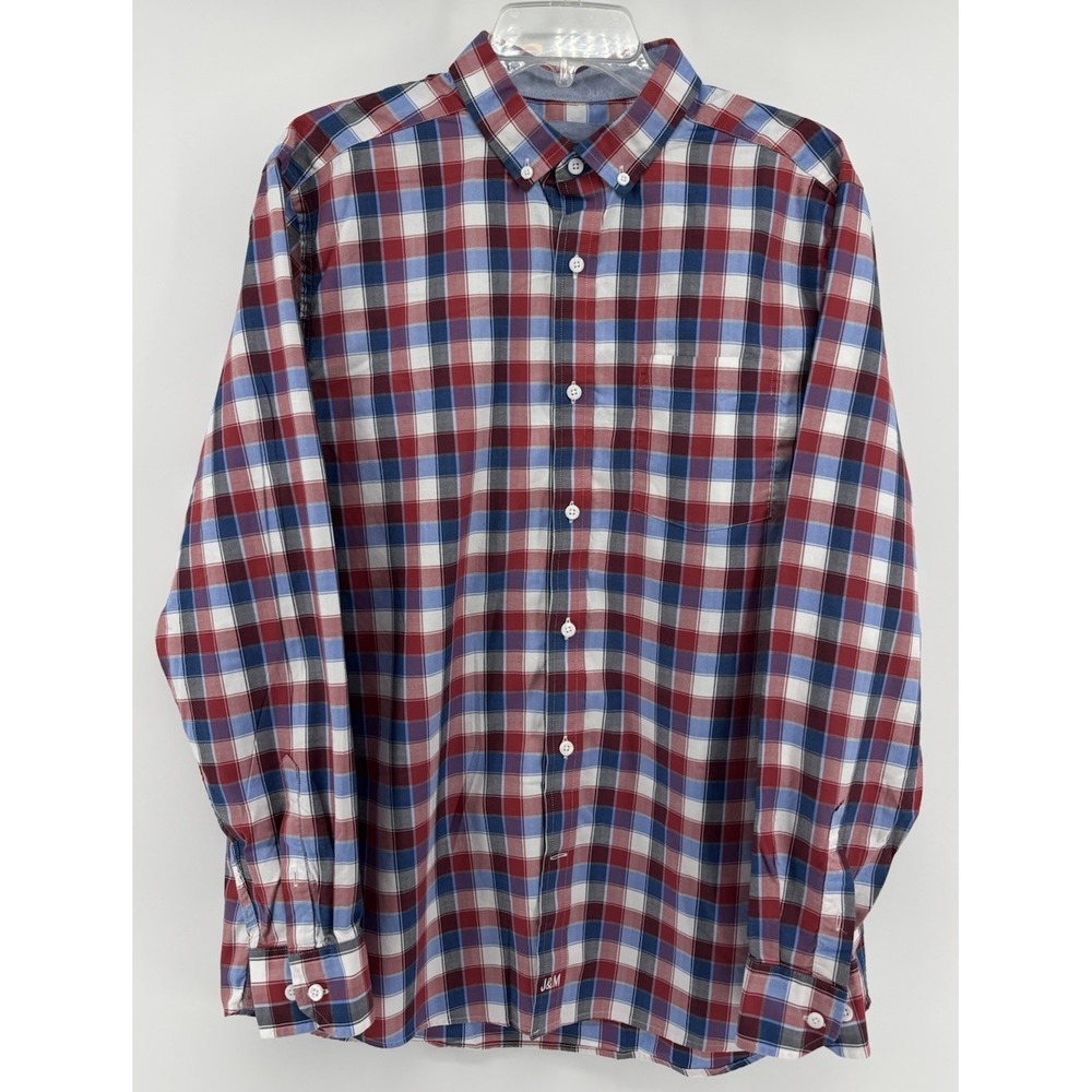 Johnston & Murphy Oxford Long Sleeve Shirt Mens L Red Blue Check Button Down